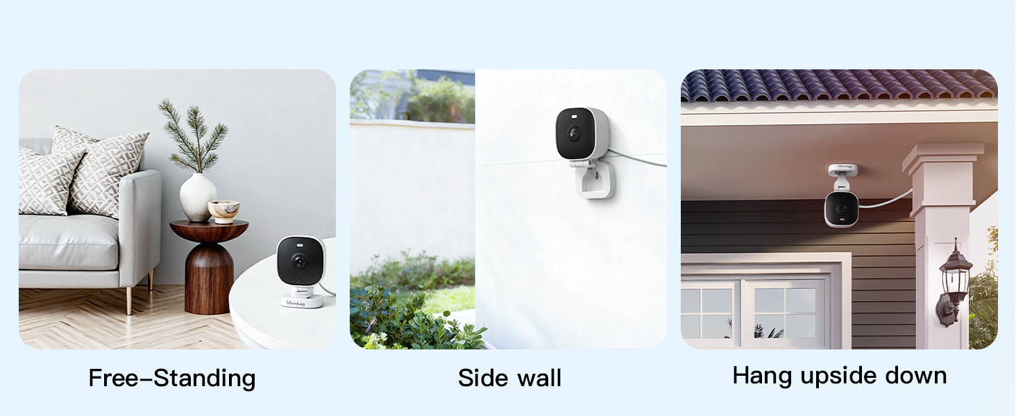 Text reads: 'Free-Standing, Side wall, Hang upside down'. Diagram showing security camera mounting options with example outdoor scenes.