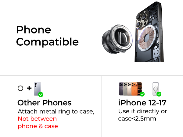 Text reads 'Phone Compatible', 'Other Phones', 'Attach metal ring to case, Not between', 'phone &amp; case', 'iPhone 12/13', 'Use it directly or case+2.5mm'. Images show phone ring holders and metal attachment components.
