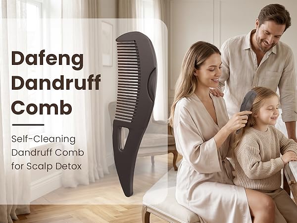 Dafeng self-cleaning dandruff comb with ergonomic design for family scalp care at home.