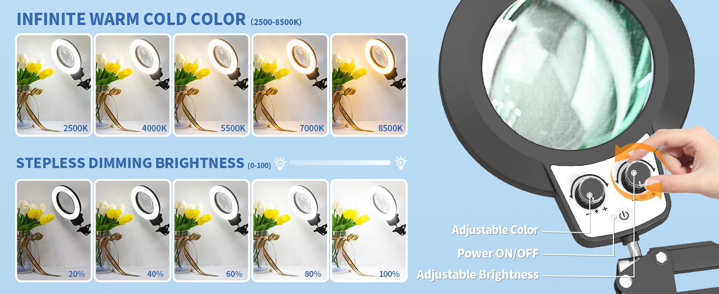 Stepless dimming 10x magnifying glass with light hands free craft light
