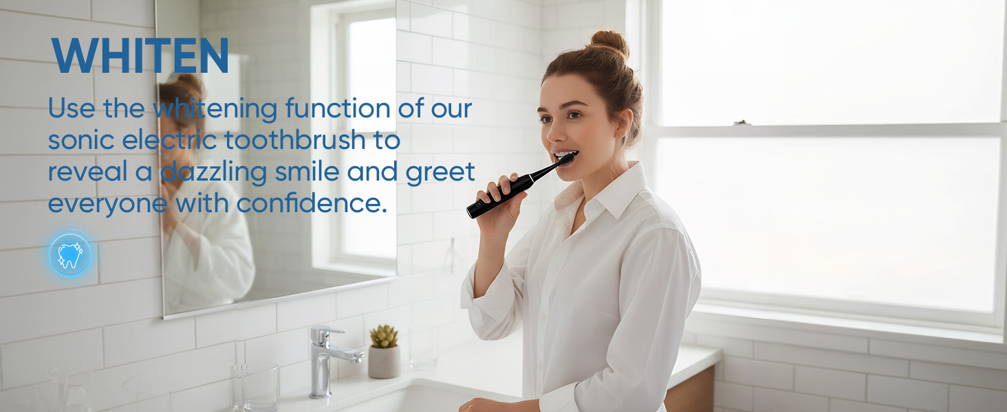 Text reads 'WHITEN'. 'Use the brightening function of our...' Marketing image showing bathroom setting with bright white surfaces.
