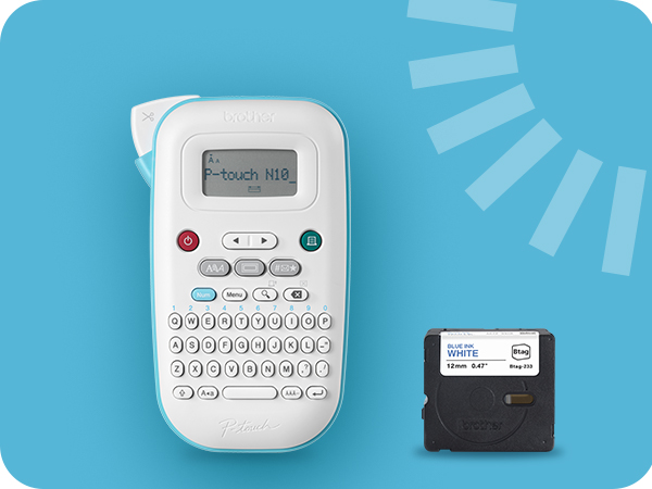 P-touch PT-N10 handheld label maker with included Btag 12mm wide black on light blue label tape