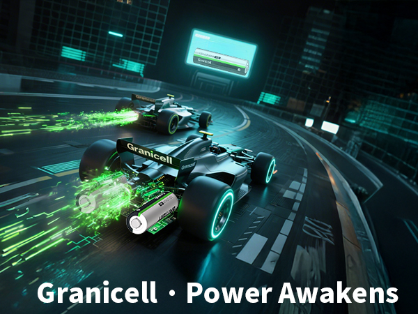 Text reads 'Granicell • Power Awakens'. Dark futuristic racing game screenshots showing vehicles with neon blue effects on urban tracks.