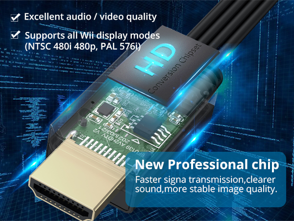 HDMI cable with visible chip, highlighting excellent audio/video quality and support for Wii display modes. Features new professional chip for faster signal transmission and clearer sound.