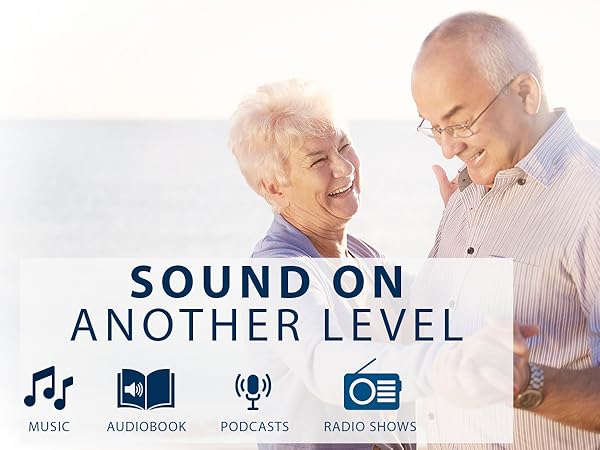 Text reads 'SOUND ON' and 'ANOTHER LEVEL'. Product demonstration sequence showing audio-related icons and interface elements in blue and white.