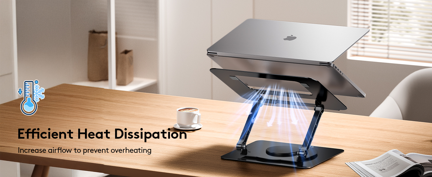 Text reads: 'Efficient Host Design399'. Product shows adjustable laptop/tablet stand with blue light emission, displayed on wooden desk surface.