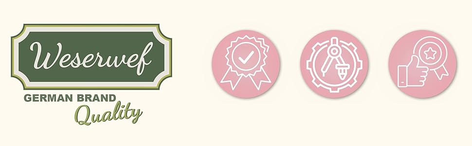 Green logo for Weserwef German Brand Quality alongside three pink circular icons representing product certifications or features.
