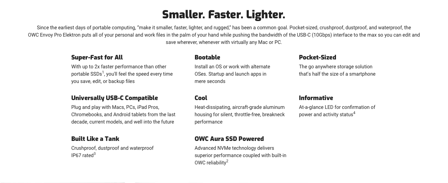 Pocket-sized, crushproof, dustproof, and waterproof, USB-C (10Gbps) interface, For Mac and PC