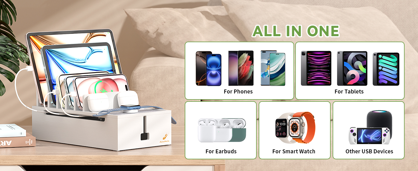 Pezin & Hulin Bamboo Charging Station Organizer for Multiple Devices Desktop Docking Charging Stand