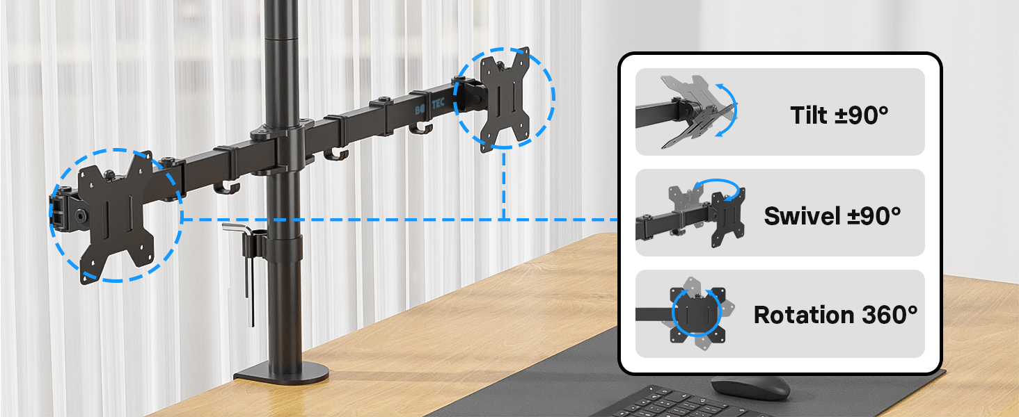 Dual monitor arm mount with adjustable tilt, swivel, and rotation. Features 190° tilt, 250° swivel, and 360° rotation capabilities for flexible screen positioning.