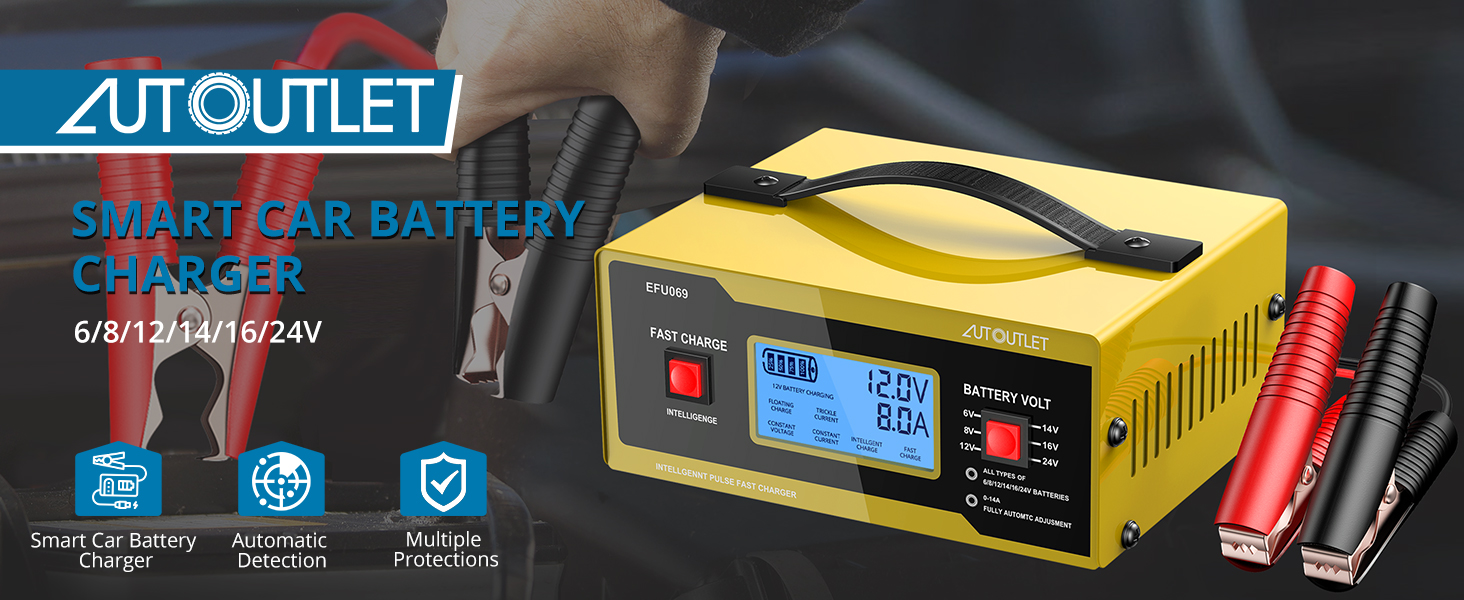 AUTOUTLET 6/8/12/14/24V Battery Charger Automotive Smart Car Battery Charger and Trickle Maintainer
