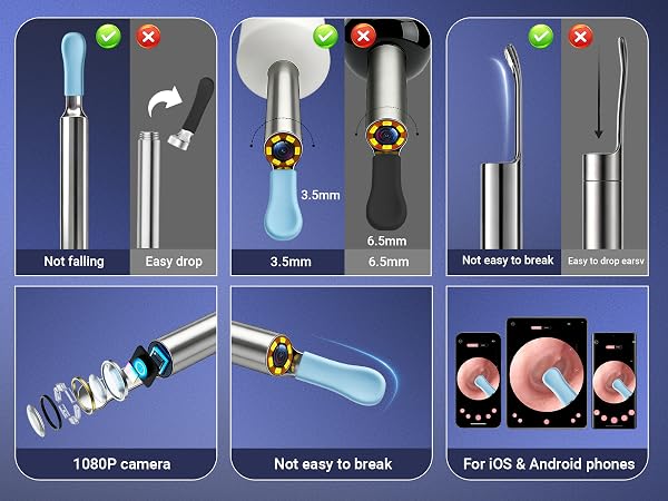 Safe ear cleaner camera with 3.5mm ultra thin lens and non-falling ear pick for iOS Android.