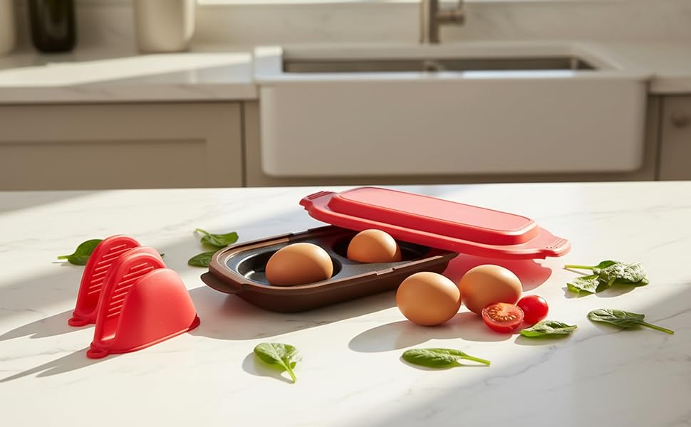 Microwave Egg Cooker with 2pcs Silicone Oven Mitts Heat Resistant