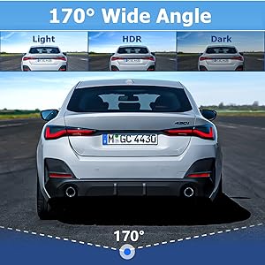 Rear view of a white car demonstrating 170° wide-angle camera view in three lighting conditions: Light, HDR, and Dark.
