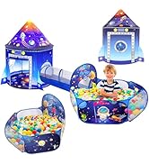 3 in 1 Rocket Ship Play Tent with Tunnel Ball Pit for Kids Space Themed Pop Up Playhouse Indoor O...