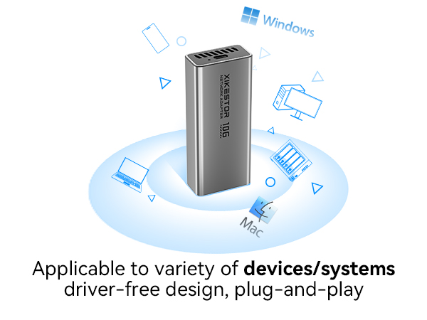Text reads: 'Applicable to variety of devices/systems driver-free design, plug-and-play'. Technical illustration showing device connectivity with blue circular elements.