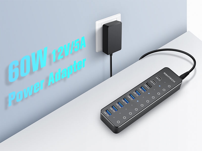 powered usb c hub 60w with 12v 5a power adapter