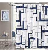 BTTN Navy Blue Shower Curtain - Modern Geometric Waffle Weave Fabric Shower Curtain Set with 12 M...