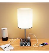BTU Table Lamp with USB Ports and AC Power Outlets, Bedside Lamp with Alarm Clock Base and Speake...