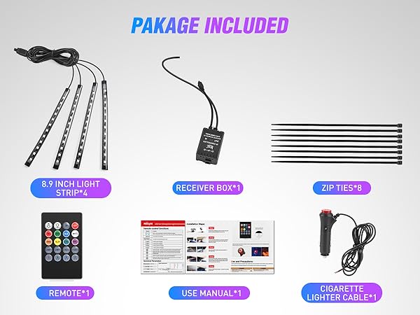 4PCS 48 LED Interior Lights DC 12V Multicolor Music Car Strip Light Under Dash Lighting Kit