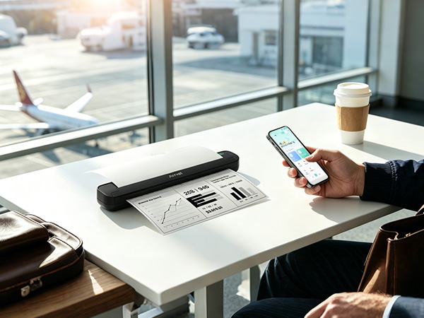 Traveler uses a smartphone to print a business document with the Bluetooth printer at an airport