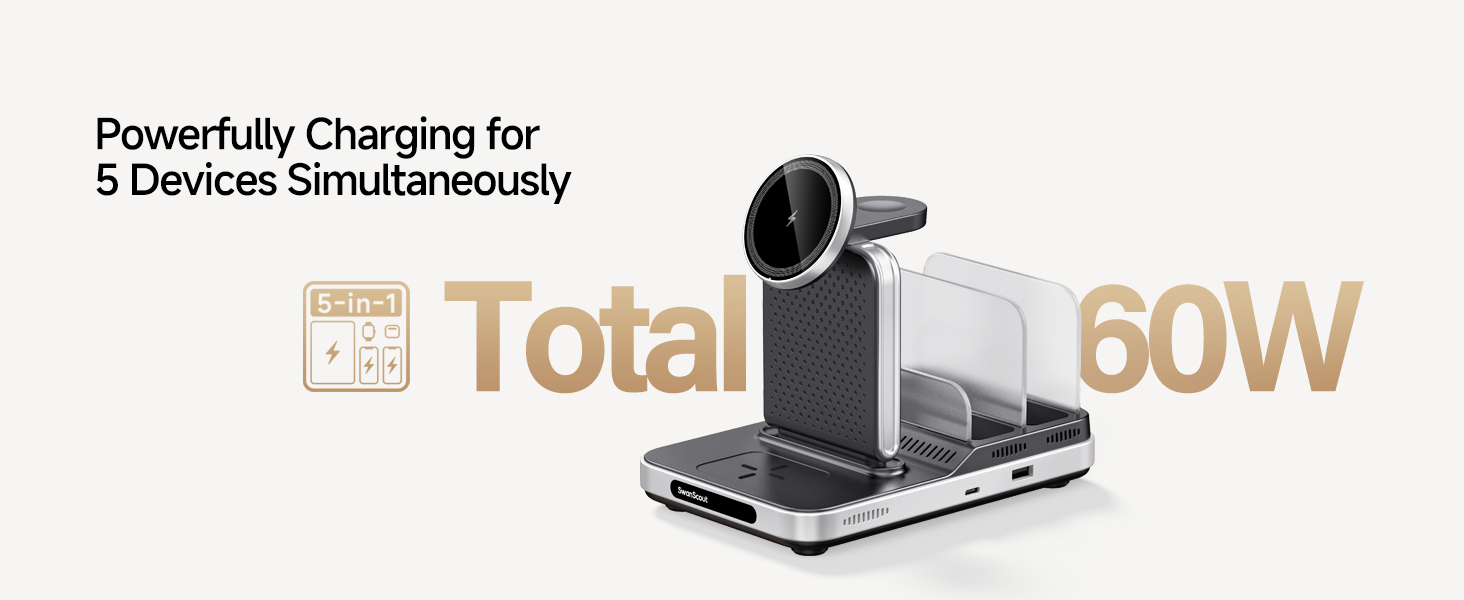 Multi-device charging station with 60W total output. Features a stand for a smartwatch, phone slot, and multiple USB ports for simultaneous charging of 5 devices.