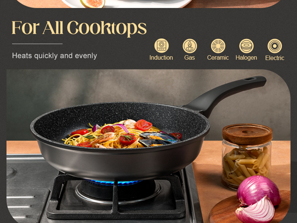 nonstick frying pan with silicone handle, ease of cleaning, works well on all cooktops, durable