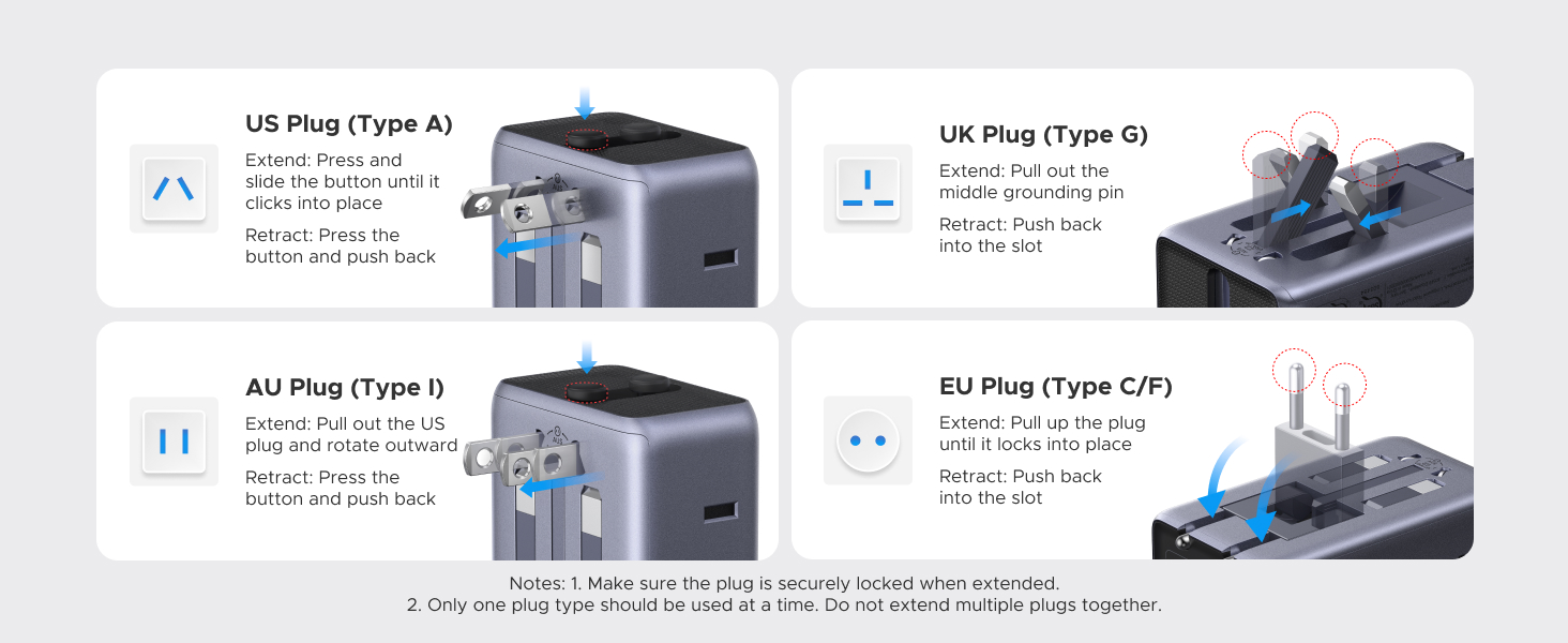 Only one plug type should be used at a time