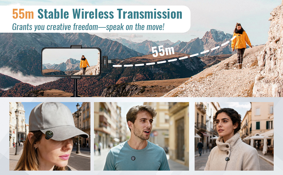 Text reads '55m Stable Wireless Transmission' and 'Grants you creative freedom—speak on the move!'. Marketing banner showing outdoor scenes with wireless audio device usage.