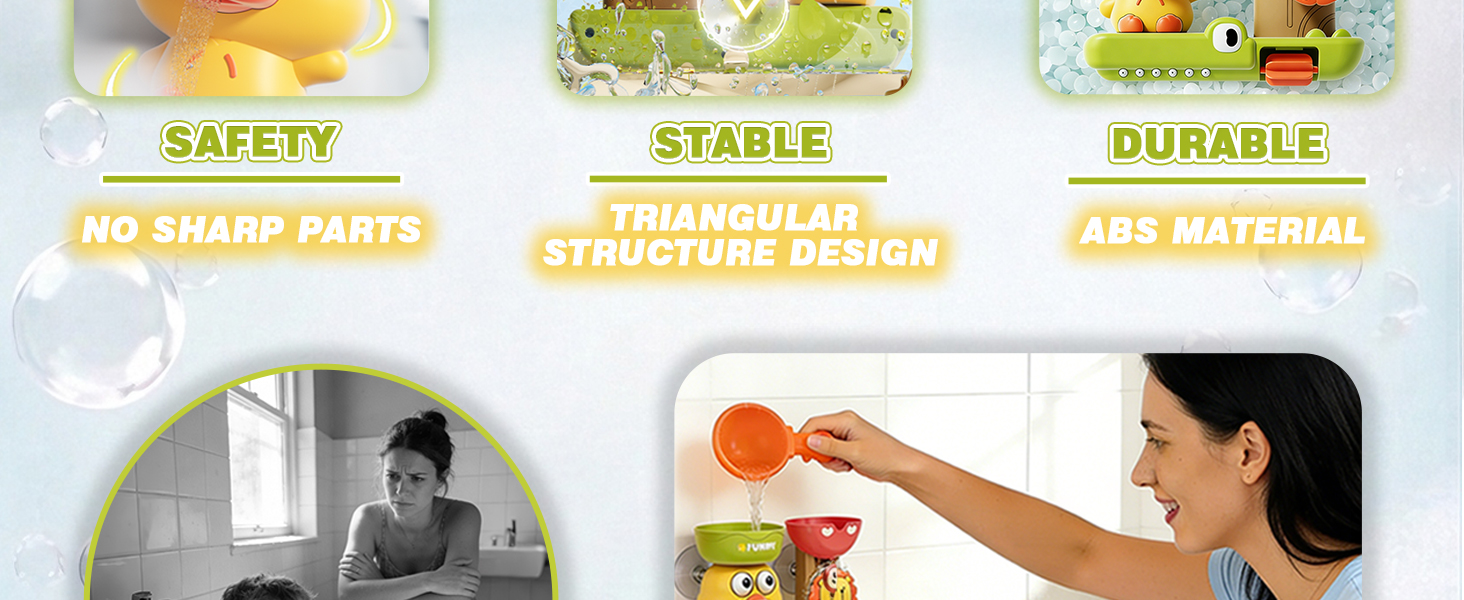 No sharp edges, stable structure - Funny bath toys for safe and durable toddler bathtub play.