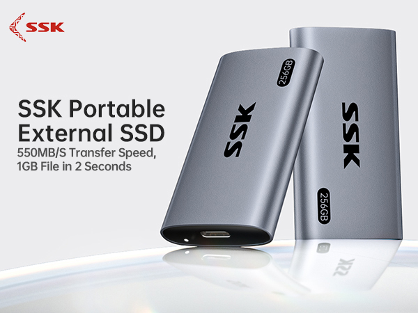 SSK portable external SSD drive shown in metallic gray finish, featuring 550MB/S transfer speed and 1GB file transfer in 2 seconds capability.