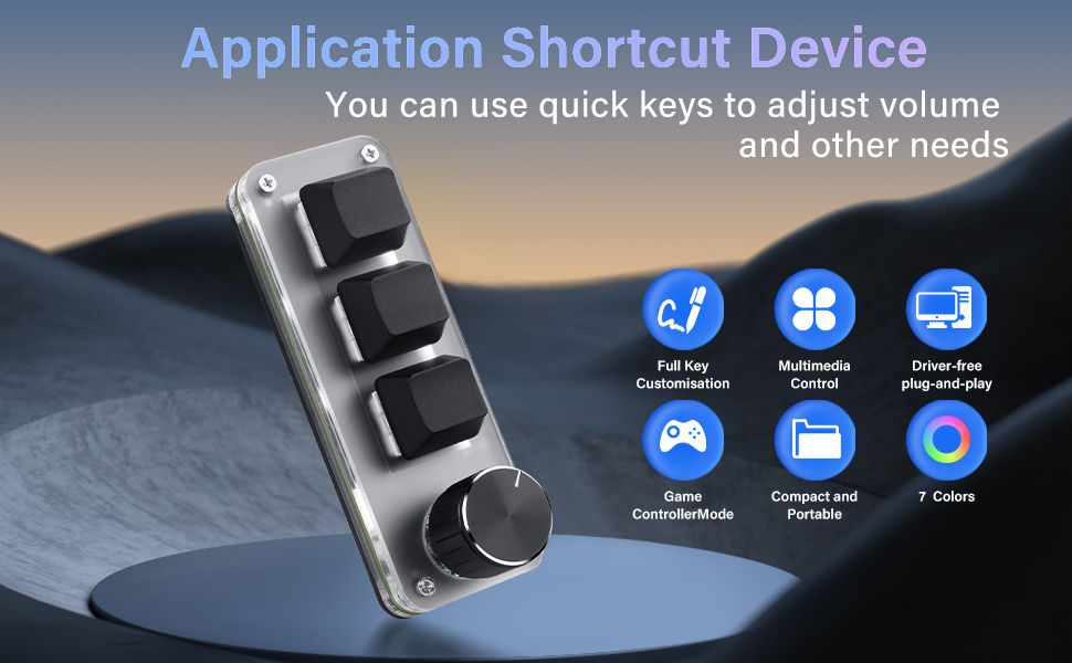 Text reads 'Application Shortcut Device', 'You can use quick keys to adjust volume and other needs'. Black control device with blue interface icons showing multimedia controls.