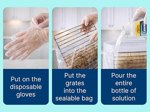 Carbona oven rack cleaner kit with bag soak method for easy removal of grease and baked-on residue