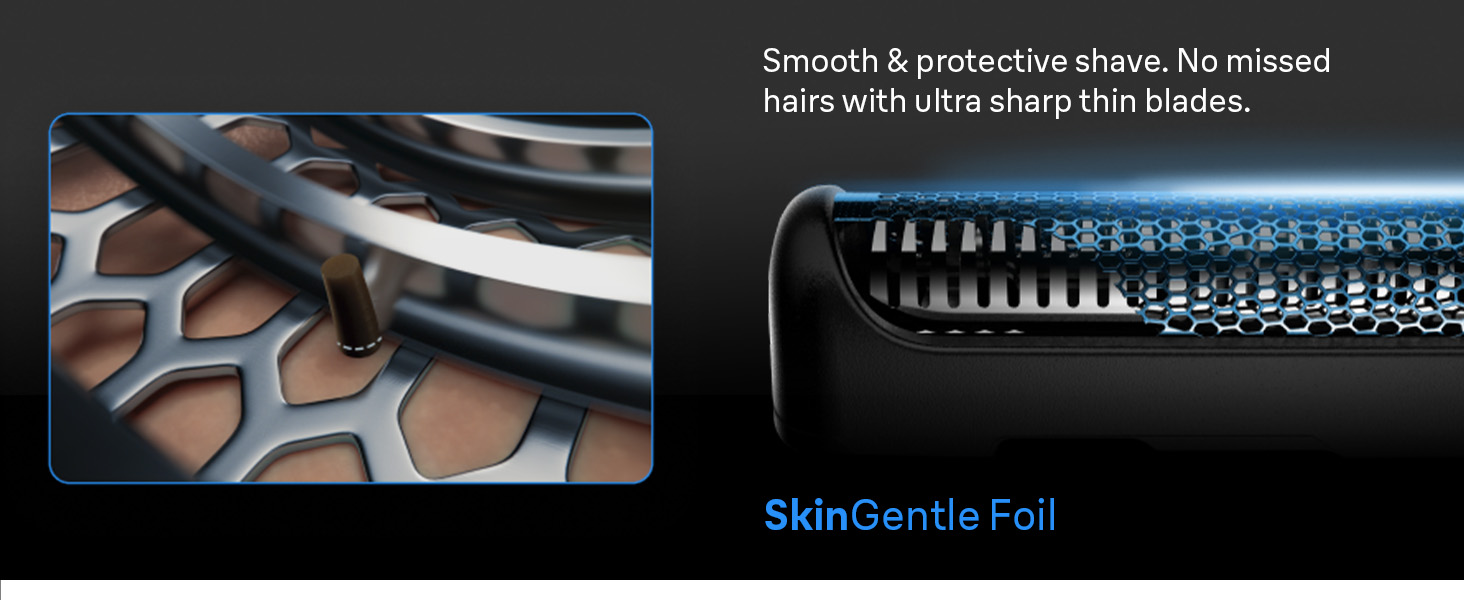 Braun shaver with SmartMotor and two shave modes is shown. Hand changes blades optimal performance.