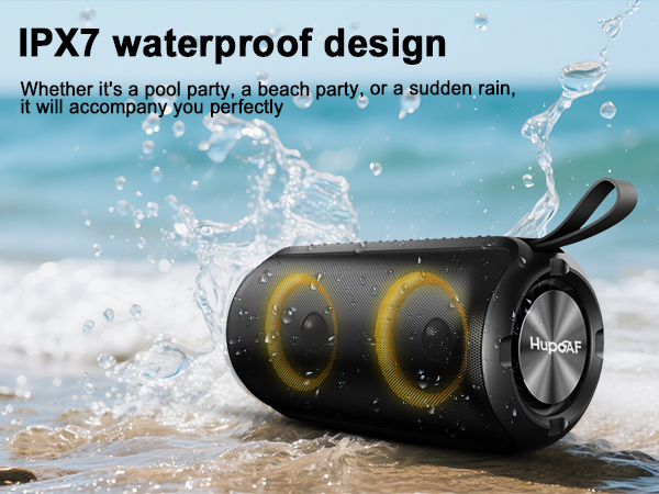 Text reads 'IPX7 waterproof design'. Cylindrical speaker shown in various water environments demonstrating waterproof capabilities.