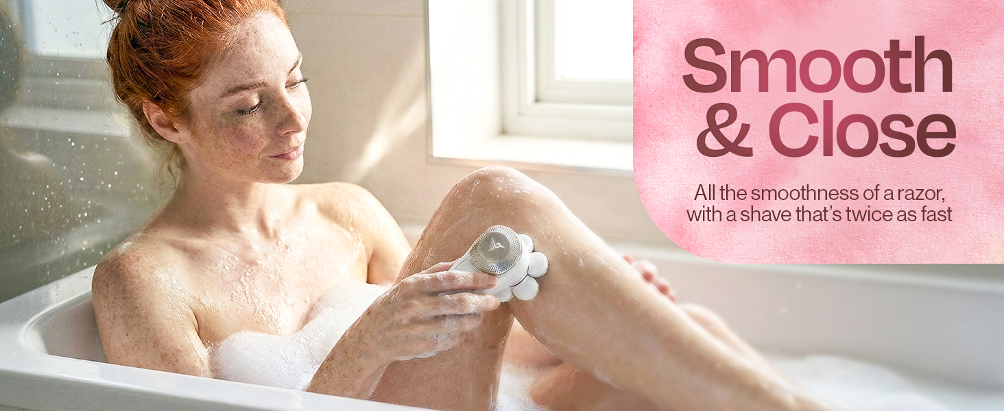 Woman using Hummingbird Flexy electric shaver in bath for smooth close leg shaving
