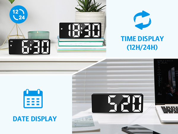 Digital Alarm Clock Large Display, LED Alarm for Bedroom, Type-C/Battery Powered Bedside Alarm Clock
