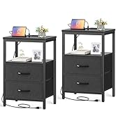 Huuger Nightstands Set of 2, End Tables with Charging Station, Side Tables with Fabric Drawers, B...