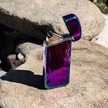 Our button-operated pocket lighter features an open face arc design to create stronger arcs