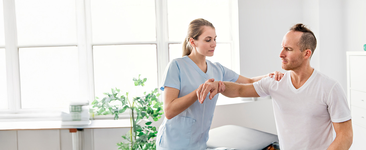 Series of images showing physical therapy or rehabilitation session in bright clinical setting with white interior and natural lighting.