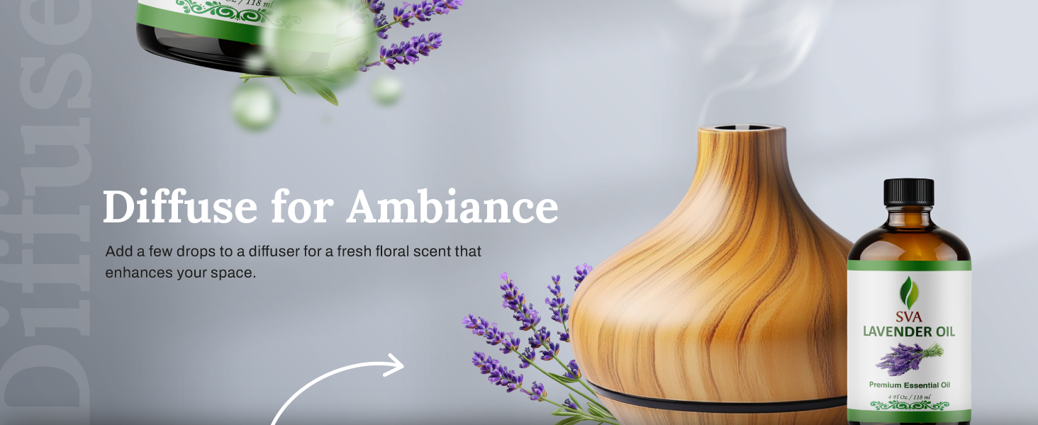 A 4oz amber glass bottle of lavender essential oil is being used for aromatherapy in a diffuser