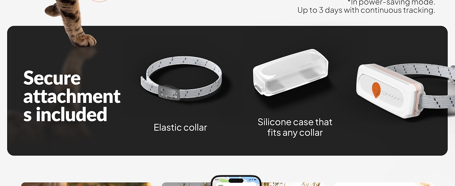 Text reads 'Secure attachment included' and 'Parts collar'. Product demonstration images showing white collar or attachment components.