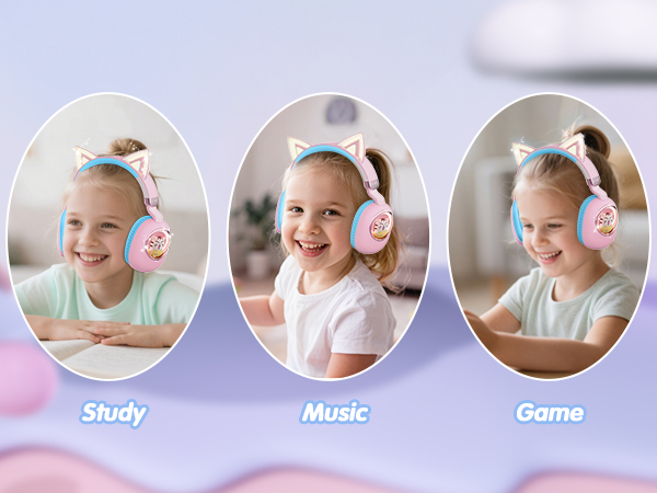 Text reads: 'Study', 'Music', 'Game'. Three oval-framed images showing someone wearing pink headphones in different scenarios.