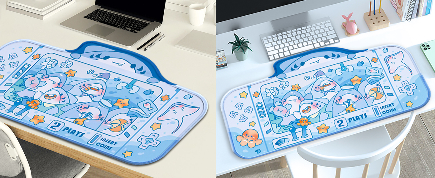 Cute Shark Party Desk Mat Kawaii Desk Pad, Switch Large Gaming Mouse Pad for Women Kids Girls Boys