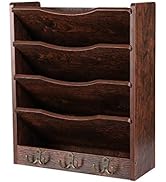 PAG 5-Tier Wall File Holder Hanging Mail Organizer Wood Magazine Literature Rack with 6 Hooks, Brown