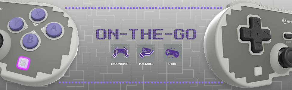 Gray and purple Hyperkin Bluetooth game controller with ergonomic design