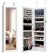 Antok 6 LEDs Jewelry Cabinet with Lock, 50" Full Length Mirror Wall Mounted or Over The Door Jewe...