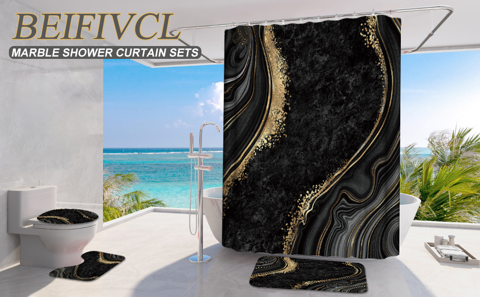 4Pcs Luxury Marble Shower Curtain Sets
