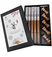 LANHUTHS 5 Pairs Wooden Chopsticks Reusable Gift Set with 5pcs Wooden Chopstick Rest Hand-Made Pu...