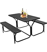 GYMAX Picnic Table, Table Bench Set w/Stable Steel Frame &amp; All Weather Table Top for Outdoors Bac...